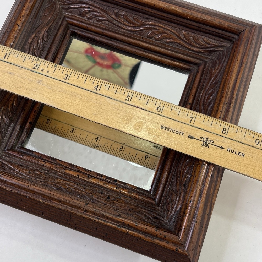 Carved Wood Square Wall Mirror 8x8 Brown Frame Diamond Hang Option - Picture 6 of 13